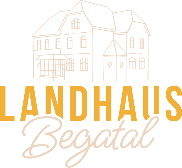 Logo des Landhaus Begatal mit Gebäude-Illustration in Gold und Beige auf transparentem Hintergrund