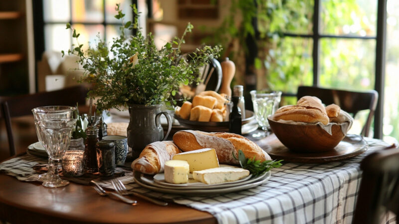 Rustikales Tischgedeck mit Baguette, Käseplatte und Kräuterstrauss auf karierter Tischdecke